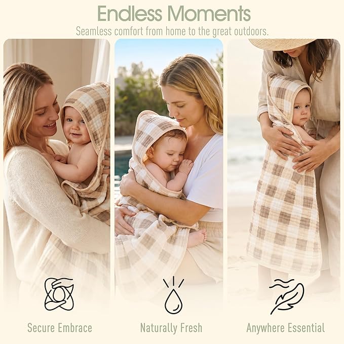 Ultra-Soft Muslin Baby Towel - 32 x 32 Inches, Ideal for Bath & Beach, Suitable for Both Boys & Girls from Newborns to Toddlers(Beige Coffee Plaid)