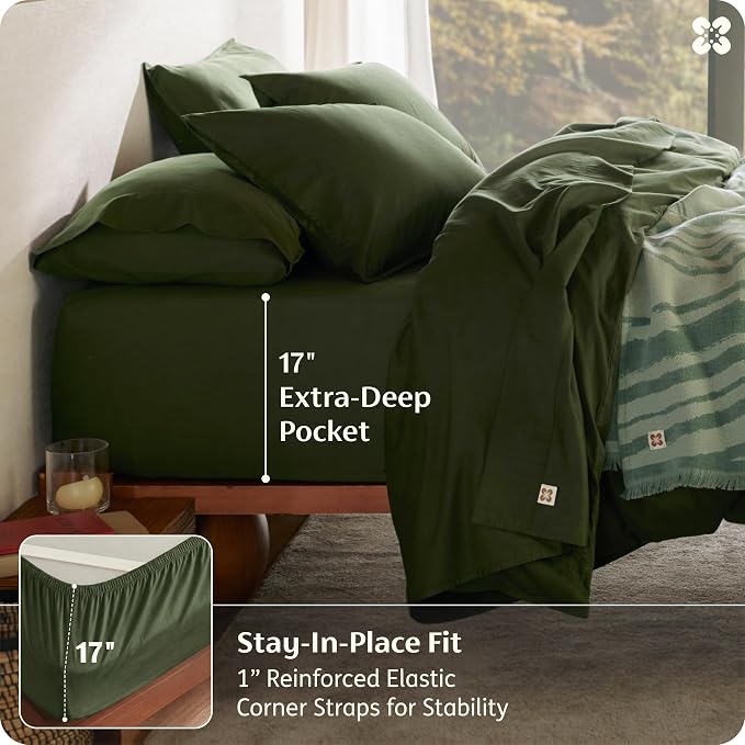 Bedsure 100% GOTS Certified Organic Cotton Sheets, California King Sheet Sets, 17" Deep Pocket Bedsheets with Corner Straps, Eco-Friendly, Soft & Luxury PureWoven Cotton Hotel Bedding, Olive Green