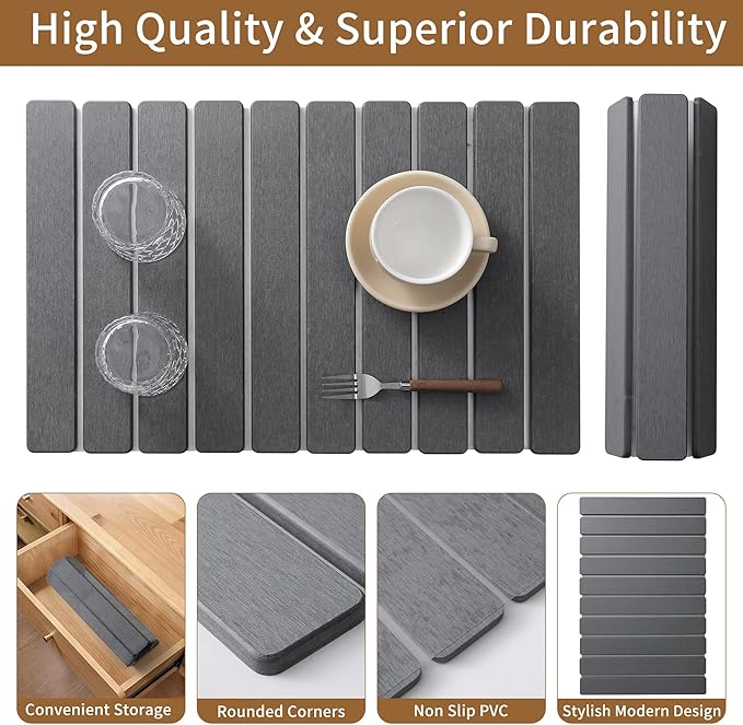 Large Stone Dish Drying Mat for Kitchen Counter, Fast Dry Diatomaceous Earth Mat – Foldable Stone Mat for Dishes, Utensils, Soap Dish – Non-Slip & Heat Resistant–2 PCS (23.6"×15.3" & 8"×4")–Dark Grey