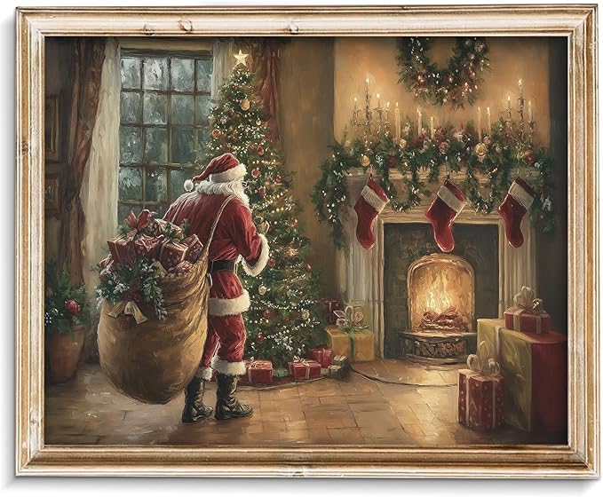 Vodefoad Vintage Christmas Claus Wall Art Cottagecore Santa Claus Canvas Decor Academia Xmas Decor Winter Print Christmas Tree Painting for Christmas Holiday - 8x10Inch Unframe