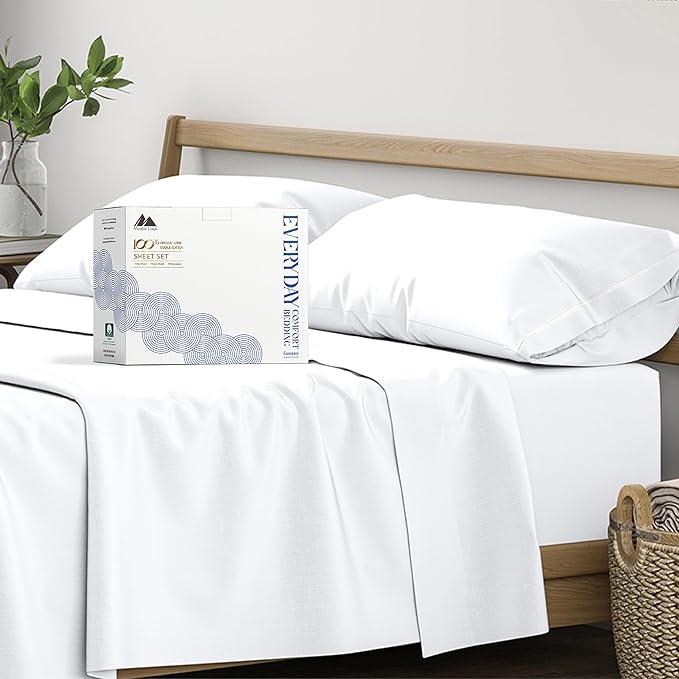 Mayfair Linen 100% Organic Cotton Sheets Cal King Size - 4 PC White Organic Cotton Cal King Percale Weave Sheet Set, Soft, Cooling, Crisp, 16" Deep Pocket Hotel Quality Bedding Set