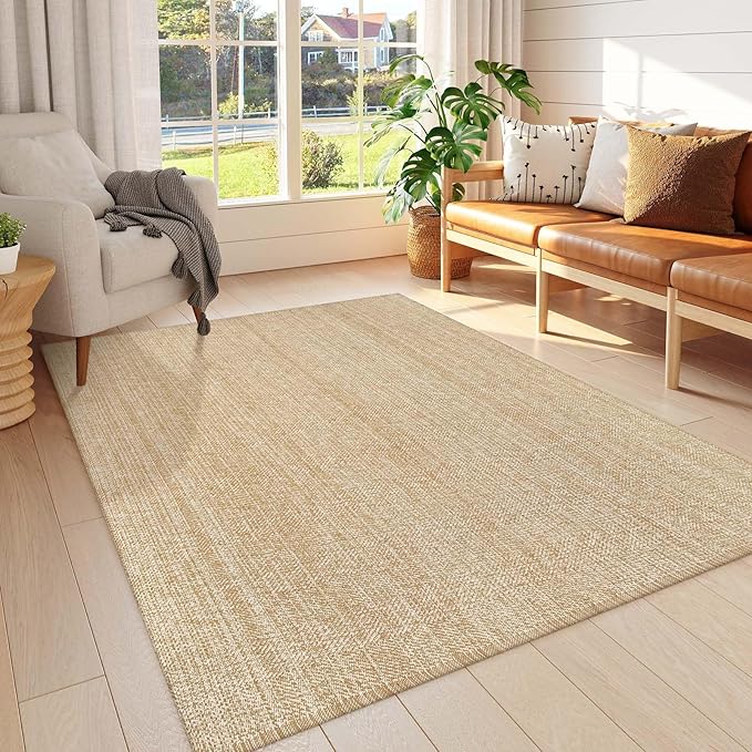 LEEVAN Boho Living Room Rugs 5X8 ft, Washable Area Rug Woven Cotton Modern Bedroom Rugs, Farmhouse Tan Braided Floor Carpet Rug for Dining Room Nursery Room Home Decor
