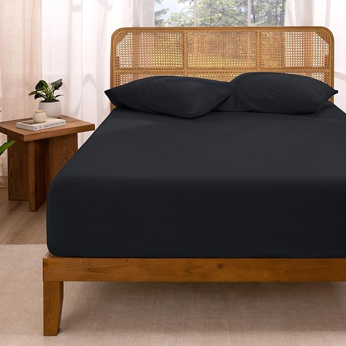 Bare Home 100% Organic Cotton Jersey Fitted Sheet - Twin XL Size - Ultra Soft - Deep Pocket Fitted Sheet - 100% Cotton - Ring Spun Yarns (Twin XL, Black)