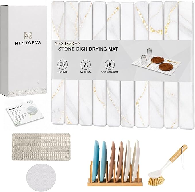 Stone Drying Mat for Kitchen Counter, 24"(L)×16"(W), Diatomaceous Earth Dish Drying Mat for Kitchen Counter, Quick Dry Stone Dishes Mats, Foldable Quick Dry Mats for kitchen, Bathroom, Yellow White