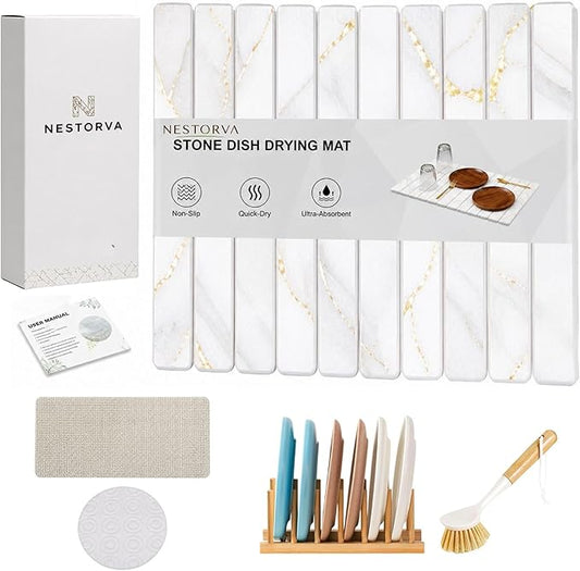 Stone Drying Mat for Kitchen Counter, 24"(L)×16"(W), Diatomaceous Earth Dish Drying Mat for Kitchen Counter, Quick Dry Stone Dishes Mats, Foldable Quick Dry Mats for kitchen, Bathroom, Yellow White