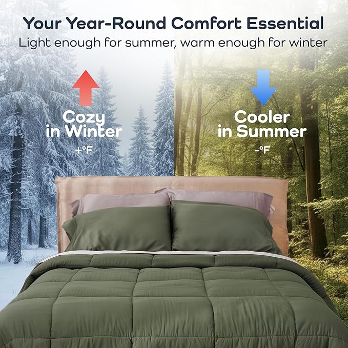 Olive + Crate Cooling Down Alternative Comforter - Hypoallergenic Queen Size Duvet Insert Lightweight - All Seasons Plush Design Bamboo Comforter - 100% Bamboo Viscose Outer Cover - Moss 88"x90"