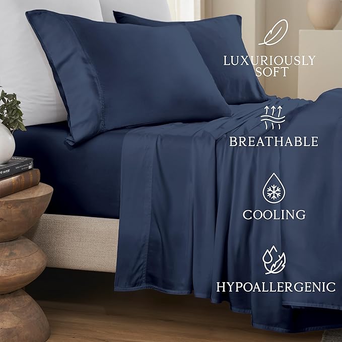 KARISSA MAE Pure Viscose from Bamboo Standard Size Pillowcase Set | 100% FSC Certified | Luxuriously Soft | Cooling | [Navy]