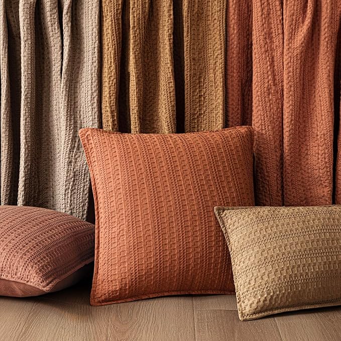 Foindtower Set of 2 Decorative Cotton Waffle Weave Throw Pillow Covers Euro Shams Cushion Covers Accent European Pillowcase for Bed Couch Sofa Bedroom Living Room Home Decor 22×22 Inch Burnt Orange