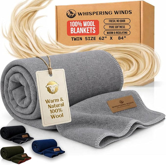 Whispering Winds 100% Wool Blanket, Premium Twin Size (62"x84") | Soft, Warm, Thick, Comfortable, For Bed, Couch, Home, Car, Camping, Outdoors, Survival