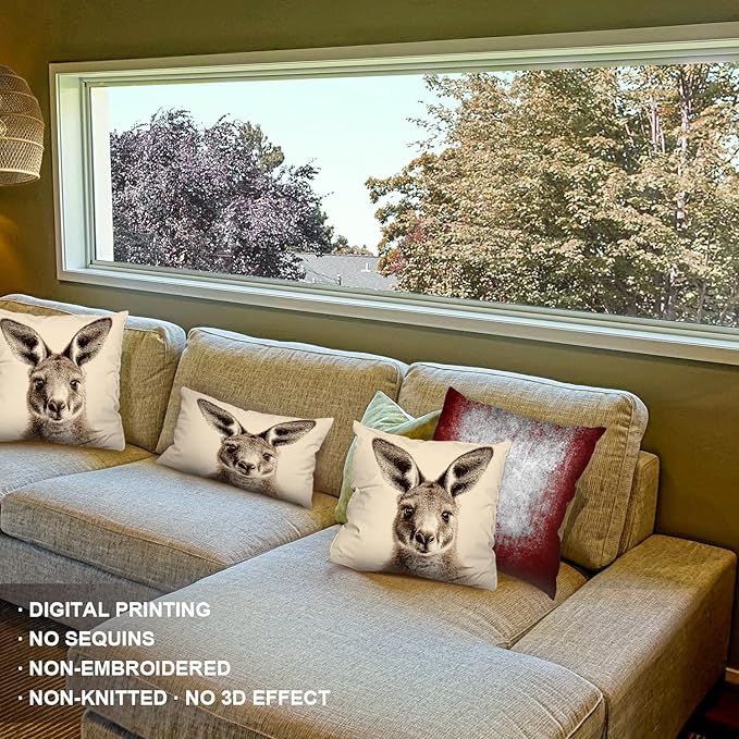 Shrahala Cute Kangaroo Decorative Throw Pillow Cover, Sepia Toned Kangaroo Portrait Lumbar Pillowcase Blended Double-Sided No Inserts for Bedroom Living Room Set of 2 (12 x 20 in)