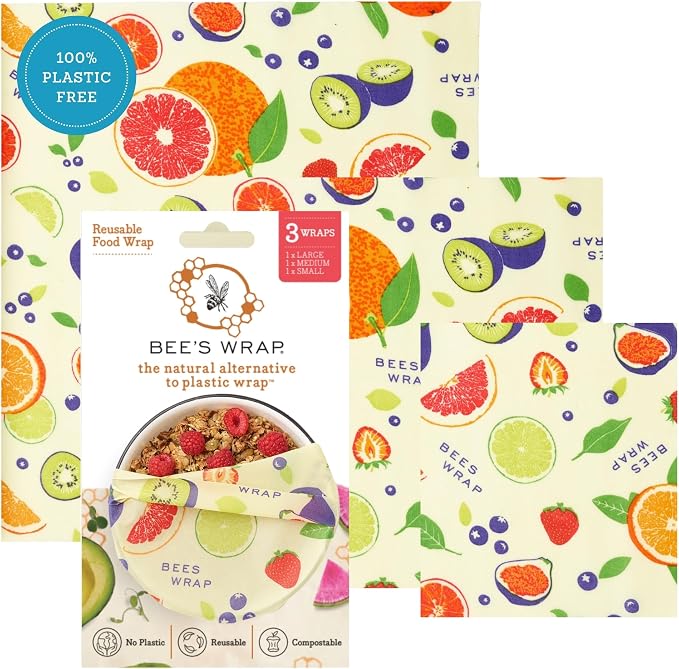 Bee's Wrap Beeswax Wraps for Food - 3 Pack of Assorted Beeswax Wraps - Small, Medium & Large Wrap - Plastic Free Made in USA Reusable Natural Food Wrap - Fresh Fruit Print
