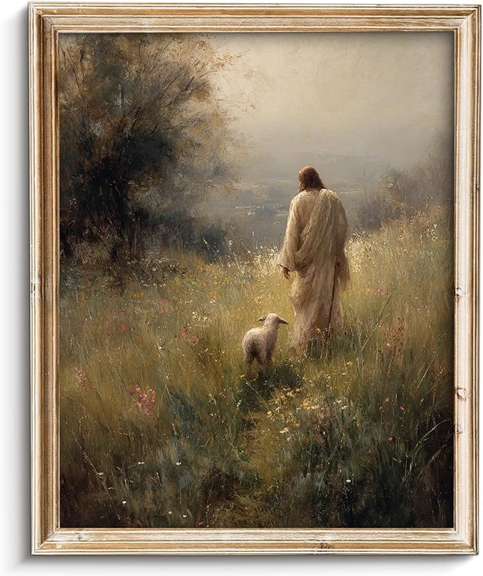 Vodefoad Vintage Wall Art Dector Jesus Leaves The 99 Christian Good Shepherd Artwork Lost Sheep Parable Boho Christian Landscape Oil Painting Bible Verse Canvas for Home Bedroom Holiday Dector - 8x10Inch Unframe