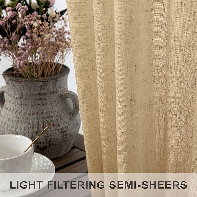 Tan Brown Linen Curtains 108 Inches Long for Living Room 2 Panel Back Tab Pocket Cloth Canvas Semi Privacy Sand Colored Curtain for Bedroom Patio Door French Country Victorian Western Boho Decor Taupe