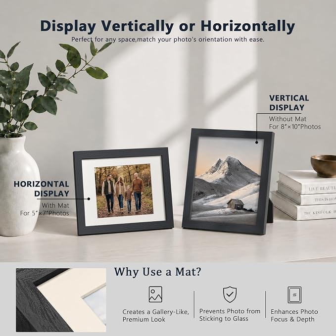 VCK 8x10 Picture Frames Black 3 Pack, Wide Border Solid Wood, Tempered Glass, Display 5x7 Photo with Mat or 8 x 10 without, for Home, Office, Gallery, Woodgrain Series, Tabletop & Wall Hanging