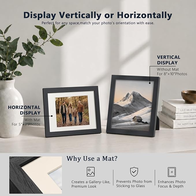 VCK 8x10 Picture Frames Black - 6 Pack, Wide Border Solid Wood, Tempered Glass, Display 5x7 Photo with Mat or 8 x 10 Without, for Home, Office, Gallery, Woodgrain Series, Tabletop & Wall Hanging