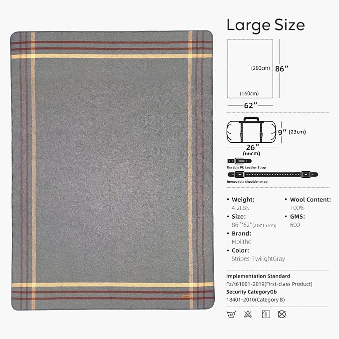 Molithe 100% Wool Blanket, 62" x 86", Warm, Thick, Washable, Military | Great for Camping, Outdoors, Sporting Events, Survival Kits TwiIight Gray