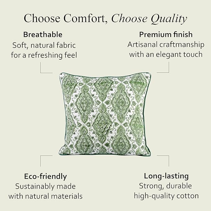 CPC Laurel Green Block Print Throw Cushion Cover 18 x 18 Inch Set 2 - Decorative Boho Floral Pillow Case for Living Room, Bed, Sofa, Couch, Home Decor Cushion Cover Gift for Spring, Mother's Day