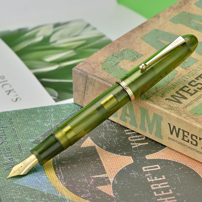 Jinhao 9019 DaDao Series Fountain Pen, Size 8 Medium Cardiogram Nib with Large Ink Converter, Transparent Olive Green Acrylic Design Smooth Writing Pen (Gold Trim)