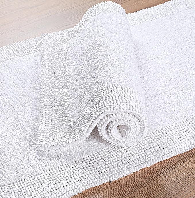 Bedding Craft 100% Cotton Bath Mat - Soft Hotel-Style Rectangular Bathroom Floor Rug - Plush, Water Absorbent Cloth Bathmat for Outside Bathtub/Shower, Machine Washable Cotton Bath Rug 21x34 White