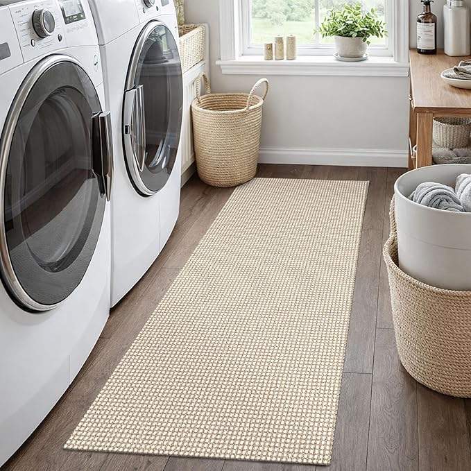 EARTHALL Woven Runner Rug 2x5 Ft Washable Runners for Hallways Cotton Non Slip Rubber Backed Kitchen Runner Braided Indoor Floor Carpet for Entryway, Hallway, Kitchen, Bedroom, Beige/Ivory