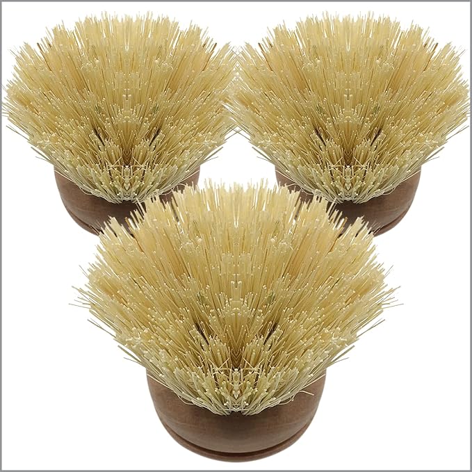 LOLA Replacement Head for the Original Tampico Vegetable & Dish Brush, 3 Pack, Birch Hardwood & Tampico Bristles, Reusable & Washable
