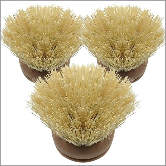 LOLA Replacement Head for the Original Tampico Vegetable & Dish Brush, 3 Pack, Birch Hardwood & Tampico Bristles, Reusable & Washable
