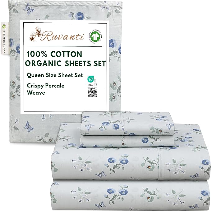 RUVANTI 100% Cotton Organic Percale Sheets Queen Size – Crisp Cooling Bed Sheets for Hot Sleepers, Deep Pocket 15”, Soft Peach Finish, Breathable & Durable Hotel-Style 4 Pcs, Butter Flight