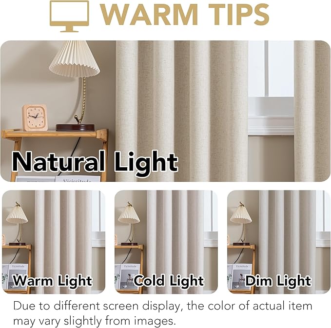 H.VERSAILTEX Linen Curtains 100% Blackout Curtains for Bedroom 90 inch Long Full Light Blocking Nature Linen Blended Window Curtains for Living Room Nickel Grommet (2 Panels, Heathered Linen)