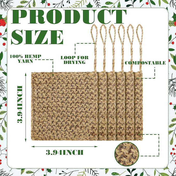 Sliner 6 Packs Natural Hemp Sponges for Dishes, 4x4 Inches, Biodegradable Scrubber for Dishwashing -Organic Reusable Sponges Hand Knitted, No Odor, Unbleached, Plastic Free, No Waste
