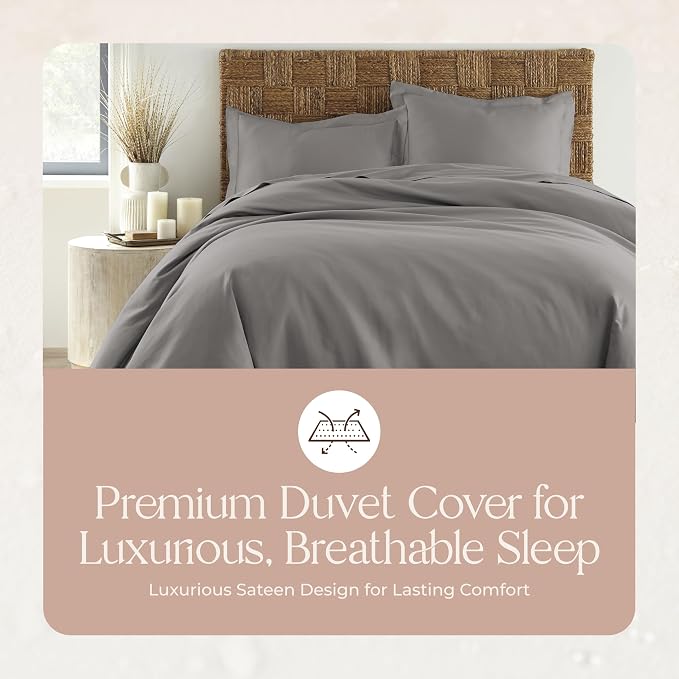 100% Organic Cotton Duvet Cover Twin Size - Naturally Soft Lightweight & Cooling Duvet Cover Set with Decorative Shams - Premium GOTS Certified 300 Thread Count Sateen Weave (Stone, Twin)