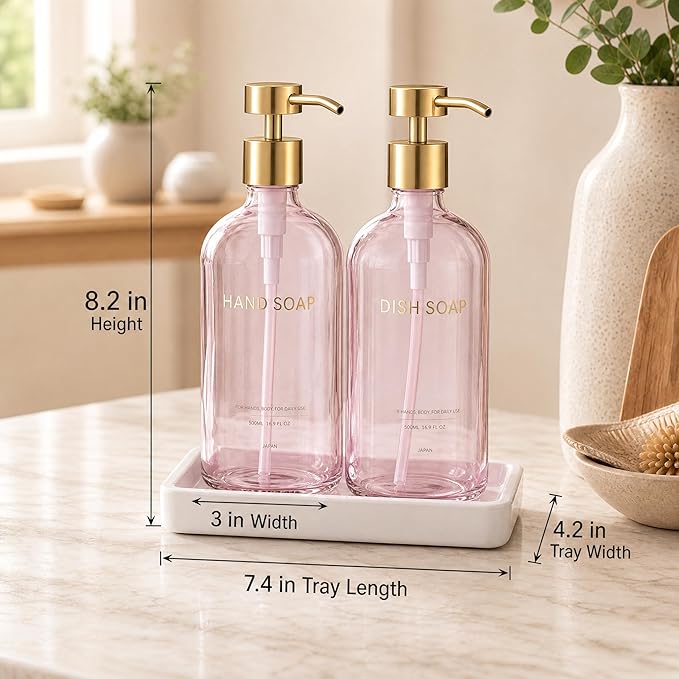 Glass Kitchen Soap Dispenser Set with Ceramic Tray,16.9 floz Hand and Dish Soap Dispenser for Kitchen and Bathroom Decor (Pink Bottles + Gold Pumps)