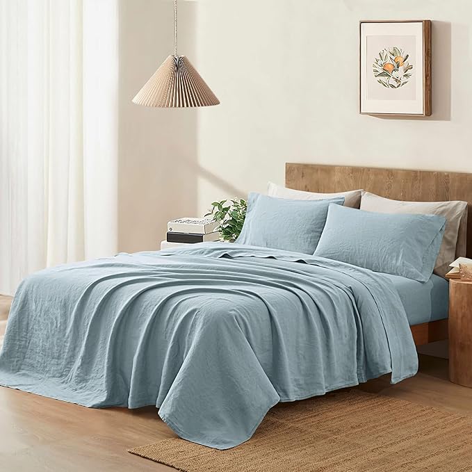 ATLINIA 100% Pure Flax Linen Bedding Set - Stone Washed French Linen Fabric Deep Pocket Fitted Sheet Farmhouse Flat Sheet 2 Pillowcases (Dusty Blue, Queen)