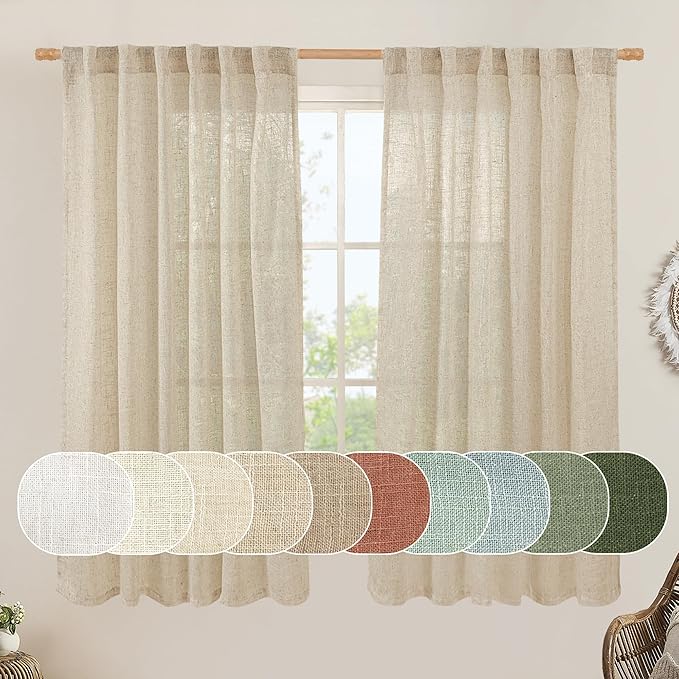LAMIT Semi Sheer Linen Curtains 60 Inch, Light Filtering Neutral Window Panels Farmhouse Boho Back Tab and Rod Pocket Drapes for Bedroom, Linen, 2 Panels, 52 x 60 Inch