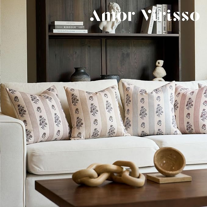 Amor Virisso Floral Throw Pillow Covers 20x20 Set of 2 Block Print Pillow Covers Neutral Floral Striped Farmhouse Decorative Pillow Covers for Sofa Couch Bed, Light Blue