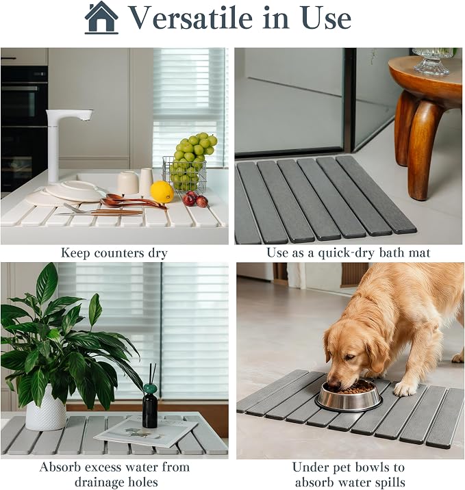 2pcs Stone Dish Drying Mat for Kitchen Counter, Quick-Dry Diatomaceous Earth Water Absorbent Pad & Countertop Drainer, Home Essentials for Bath and Pets - Marble Dark Grey, 24x16’’ & 8x4’’