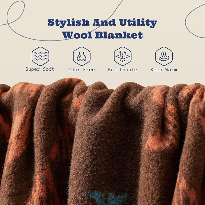 ACUSHLA Merino Wool Blanket - Soft Warm Thick Washable Large Throw Blanket for Camping Bed Couch Outdoor Travel All Weather, Navajo Style Brown 79X63