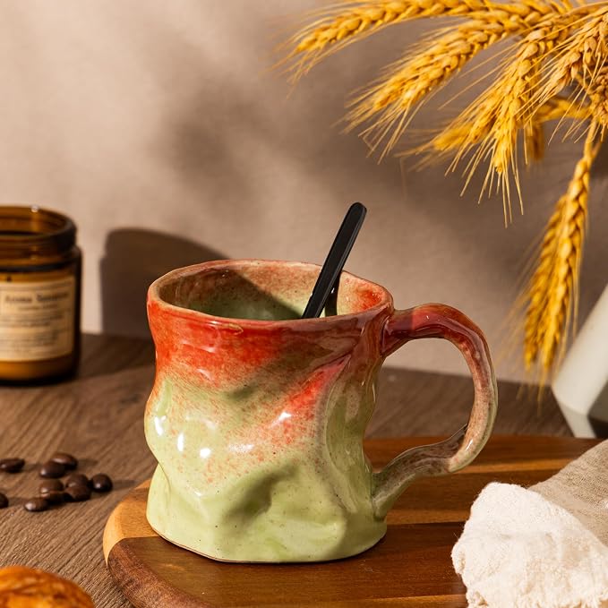 Handmade Ceramic Coffee Mugs, Mugs with Spoon, 11oz, Handmade Pottery Mug with Handle, Hand-painting, Unique Uneven Surface Tea cups, Dishwasher and Microwave Safe (green)