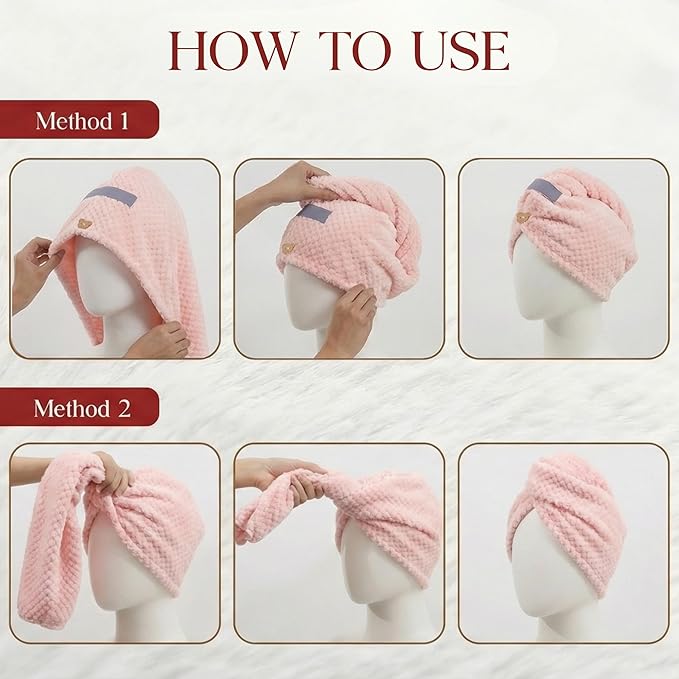 2 Pack Microfiber Hair Towel Wrap for Women 26 x 10 in | Hair Drying Towel with Button and Band | Hair Turban Towel Quick Dry Waffle Coral Fleece Head Towels (Pink + Blue)