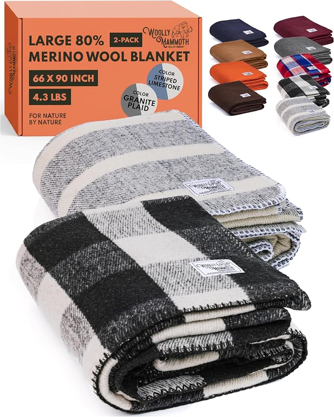 Woolly Mammoth 2-Pack Merino Wool Blanket, 66" x 90", Granite & Limestone | Temperature Regulating - Fire-Resistant - Warm Camping Blanket for Car Emergency Kits, Picnics, Summer Festivals and Stadiums