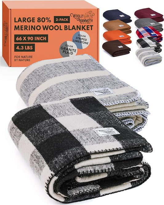 Woolly Mammoth 2-Pack Merino Wool Blanket, 66" x 90", Granite & Limestone | Temperature Regulating - Fire-Resistant - Warm Camping Blanket for Car Emergency Kits, Picnics, Summer Festivals and Stadiums