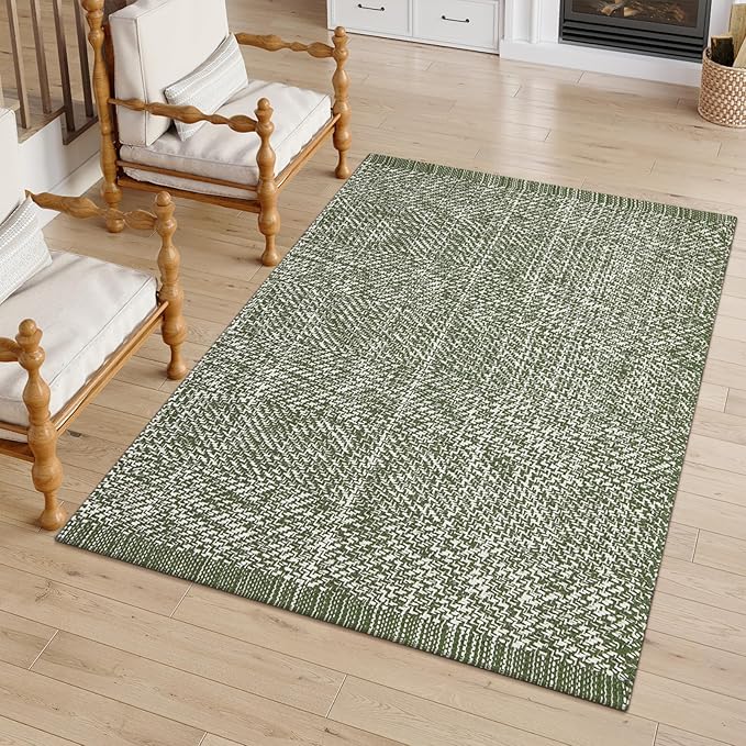 LEEVAN Washable Kitchen Rugs 3x5, Green Bedroom Rug, Cotton Woven Entryway Rug, Modern Braided Door Mat, Farmhouse Living Room Rugs, Reversible Carpet for Laundry Room Front Porch Outdoor Doormat