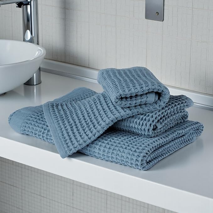 DEMMEX Organic Cotton Waffle Weave Turkish Towel Set for Bathroom, 1 Bath & 2 Large Hand Towels, 100% Oeko-TEX Certified Premium Turkish Cotton, Super Soft Lightweight Quick Dry (Slate Blue)