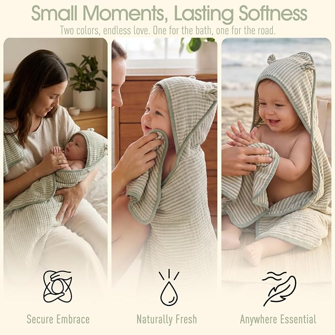 4-Piece Muslin Baby Towel Set - Made with Organic Cotton, (2) 6-Layer Bath Towels 32x32 & (2) Washcloths, Absorbent Bath & Beach (Blush Pink Bunny & Sage Green Stripe)