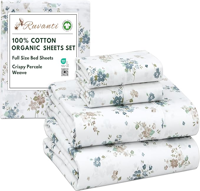RUVANTI 100% Cotton Organic Percale Sheets Full Size – Crisp Cooling Bed Sheets for Hot Sleepers, Deep Pocket 15”, Soft Peach Finish, Breathable & Durable Hotel-Style 4 Pcs, Halcyon