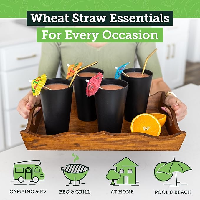 Grow Forward Premium Wheat Straw Cups - 20 oz Unbreakable BPA Free Hard Plastic Cups - Reusable Lightweight Plastic Drinking Glasses for Kitchen, Outdoor, Water, Camping, RV - Moonlight