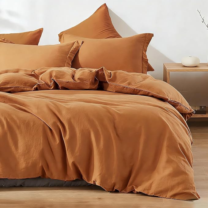 Simple&Opulence French Linen Duvet Cover Set 88" x 92"- 5 Pieces (1 Comforter Cover,4 Pillowcases)- Natural Flax Cotton Blend-Solid Color Breathable Farmhouse Bedding-Rust, Queen