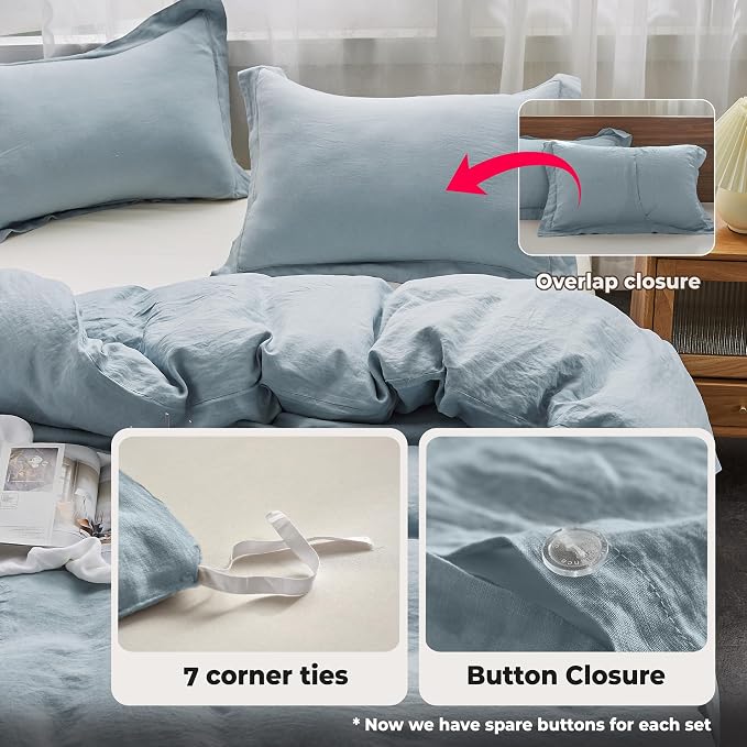 Simple&Opulence 100% Washed Linen Duvet Cover with Embroidered, 2 Pieces Soft Farmhouse Comforter Set with Button Closure,1 Duvet Cover and 1 Pillowsham(Twin,Dusty Blue)