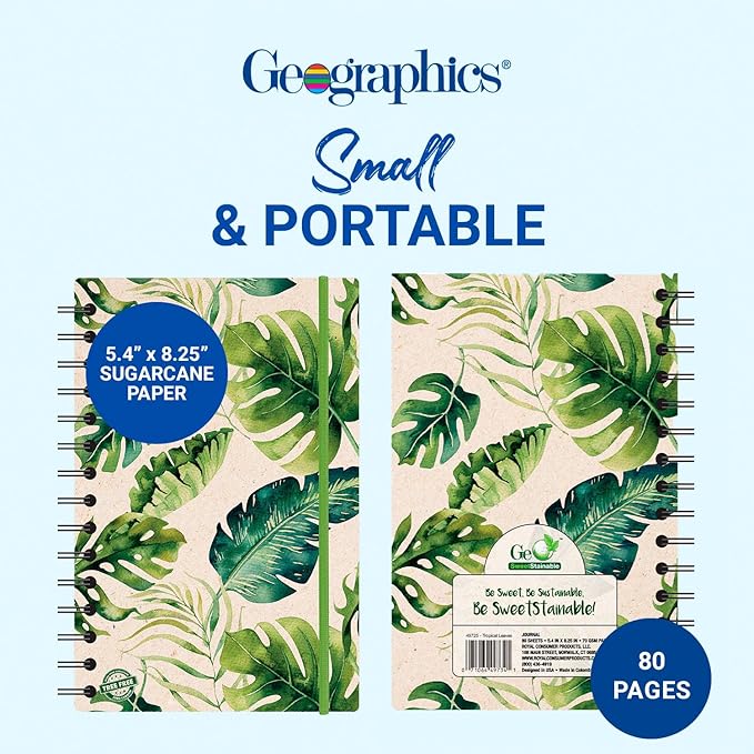 Geographics Eco Journal 5.4" x 8.25", Tree-Free Spiral Notebook with 70 gsm Sugar Cane Paper, Daily Nature Journal with Double-Wire Binding & Elastic Band, 80 Sheets, Tropical Leaves