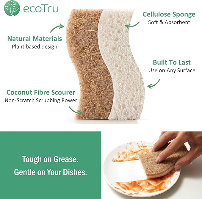 6 Pack Natural Kitchen Sponges, Compostable White Cellulose & Organic Coconut Scrubber Sponge for Washing Dishes, Kind Eco Friendly Non Toxic & Biodegradable Dishwashing Sponges