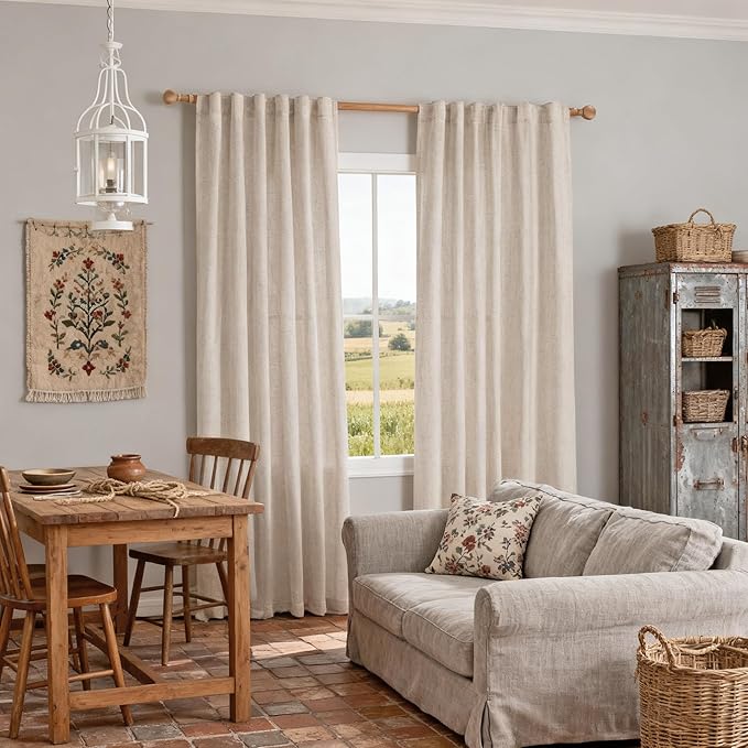 MYSKY HOME Natural Linen Curtains for Living Room, Semi Sheer Curtains & Drapes 84 inches Length 2 Panels Set Farmhouse Country Style Back Tab Draperies for Sliding Glass Door, 50" Wide, Linen